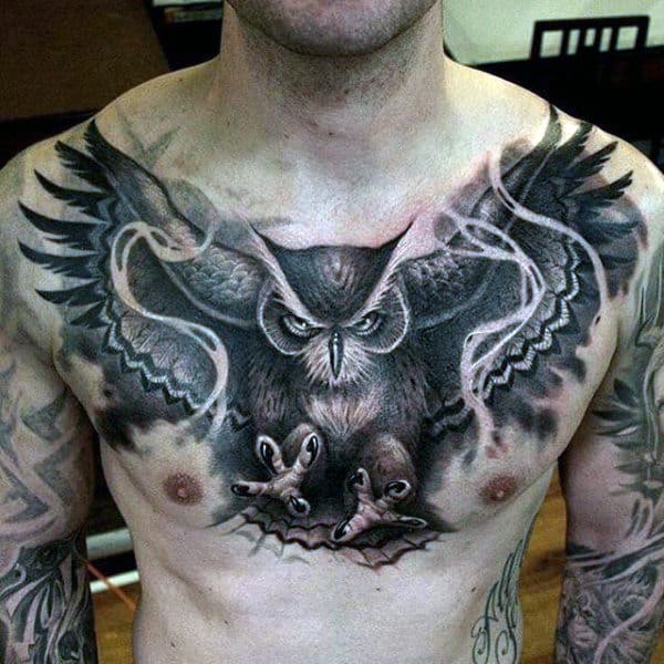 Large Winged Owl Tattoo Male Chest