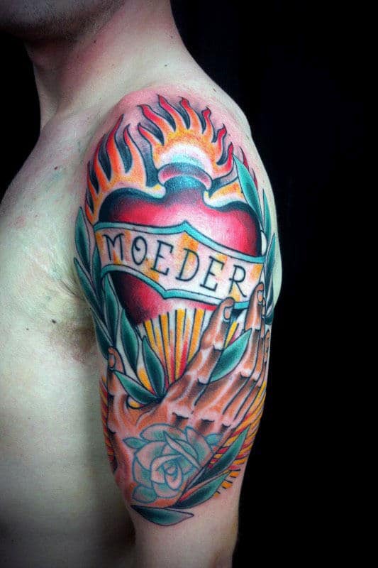 Las Name Traditional Flaming Heart Guys Half Sleeve Tattoos