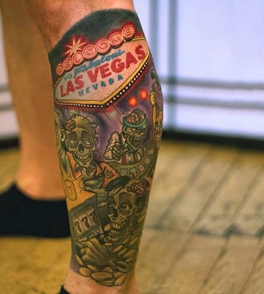 Las Vegas Overrun By Zombies Mens Lower Leg Calf Sleeve Tattoo