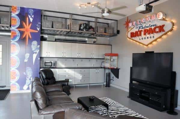 Retro-themed man cave with leather seating, TV, vintage decor, and "Rat Pack Lounge" sign on the wall