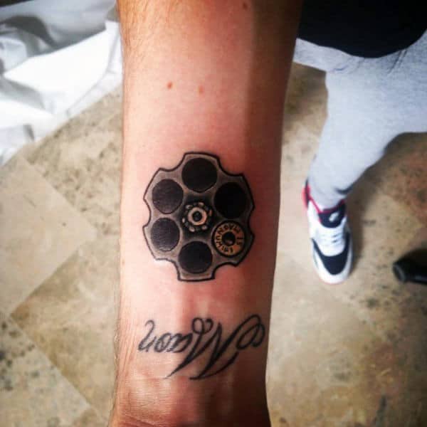 Last Bullet In Pistol Tattoo On Forearms For Men
