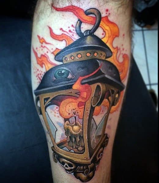 Latern Flame Tattoo Sleeve For Guys On Leg