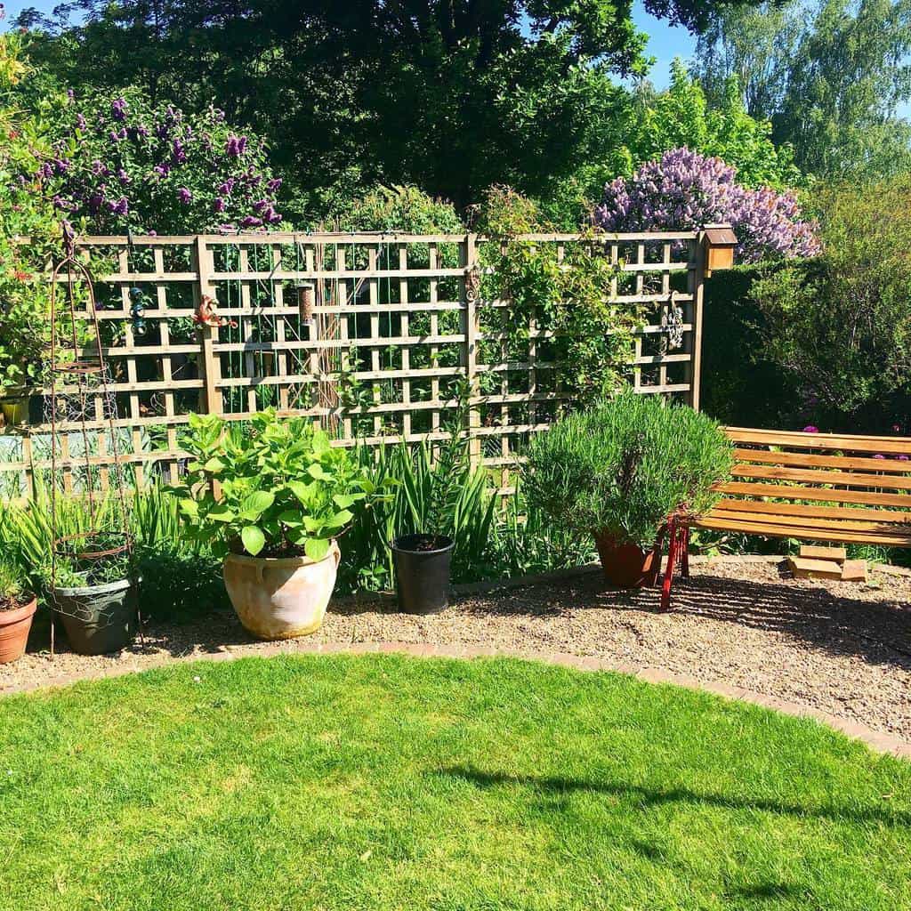 lattice wood garden trellis park bench pot plants
