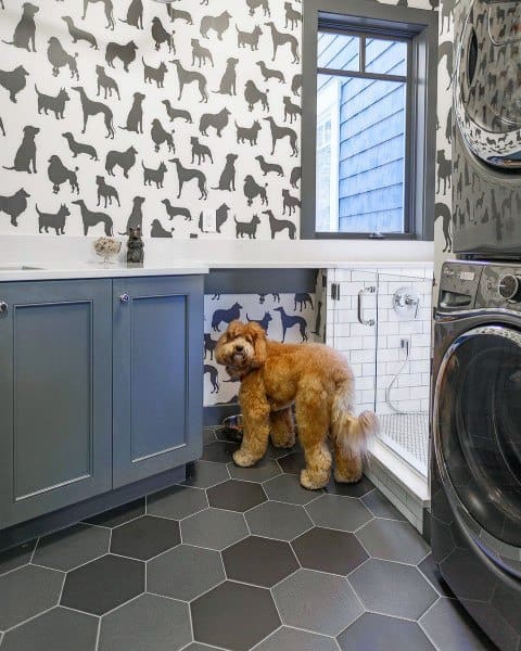 laundry room dog room with washing station dog wallpaper gray floor tiles
