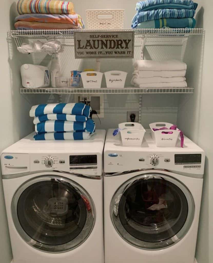 white wire wall shelf storage in laundry room