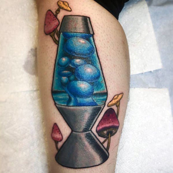 Cool blue lava lamp tattoo surrounded by colorful mushrooms, perfect for men's psychedelic tattoo inspiration.