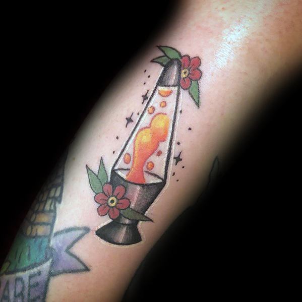 Classic lava lamp tattoo featuring orange wax and floral accents, great for men's stylish tattoo inspiration.