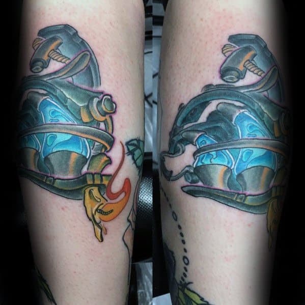 Dynamic tattoo of a blue lava lamp encased in a metallic grenade, ideal for men's bold and unconventional tattoo ideas.