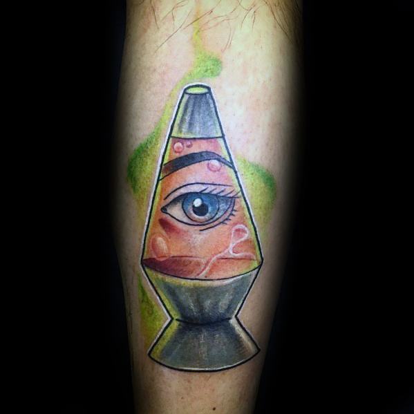 Mystical lava lamp tattoo featuring an eye within orange wax, perfect for men's surreal and artistic tattoo inspiration.