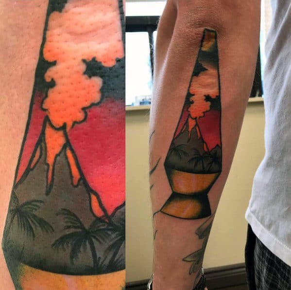 Volcano-themed lava lamp tattoo with erupting lava imagery, ideal for men's striking and artistic tattoo concepts.
