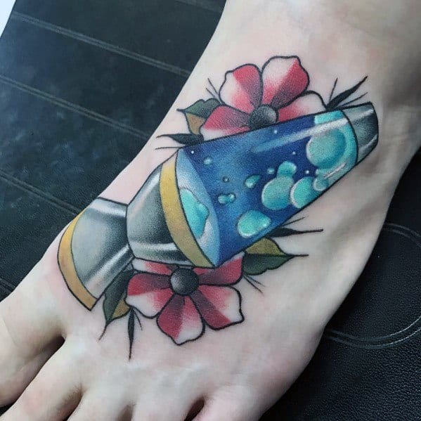 Blue lava lamp tattoo accented with red flowers, stylish and vibrant tattoo idea for men.