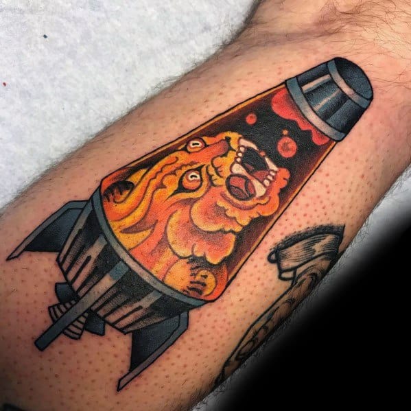 Fierce lava lamp tattoo shaped like a rocket with roaring bear inside, ideal for bold men's tattoo inspiration.