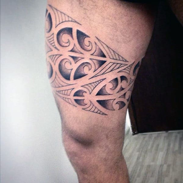 Leaf Tribal Guys Thigh Tattoos