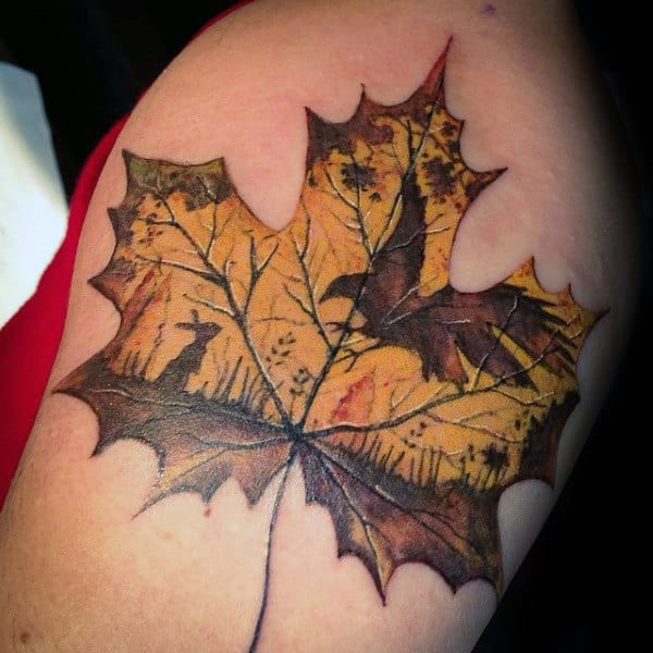 Leaf With Hawk And Bunny Mens Fall Arm Tattoos