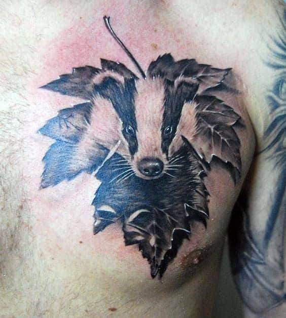Leaf With Honey Badger Mens 3d Chest Tattoos