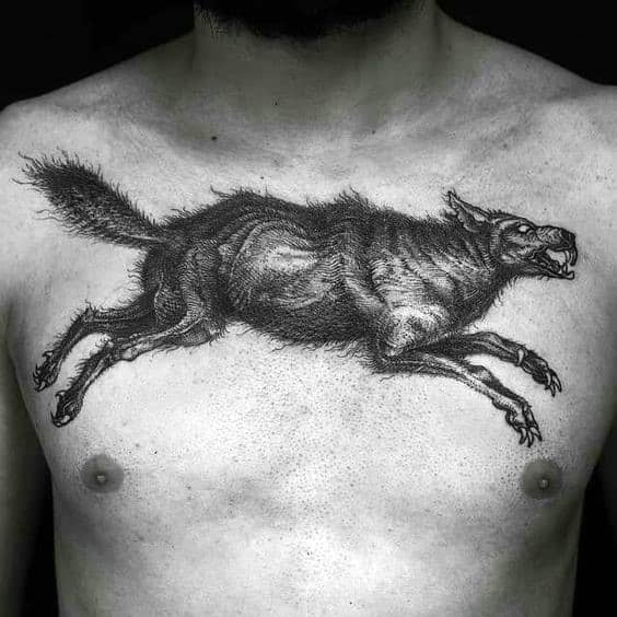 Leaping Wolf Guys Detailed Sketched Chest Tattoos