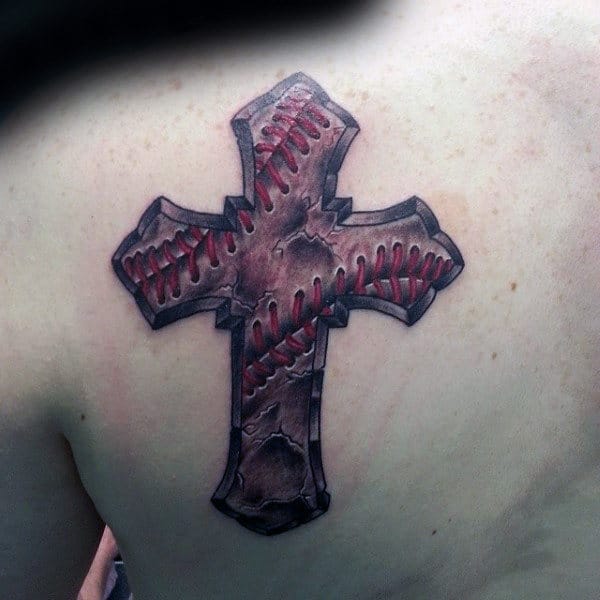 Leather Baseball Cross Mens Upper Back Tattoos
