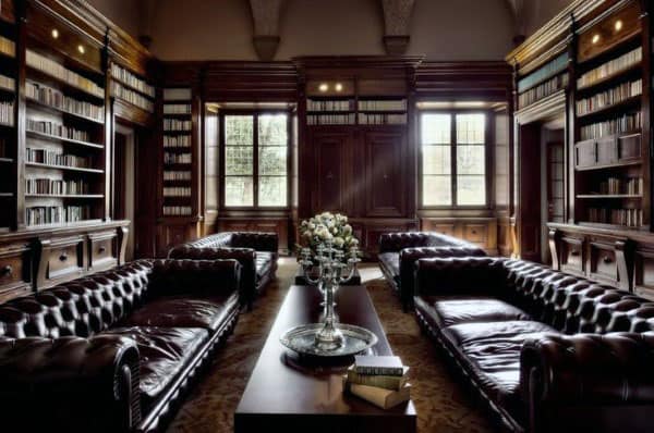 Luxurious library with leather sofas, wooden shelves brimming with books, and a flower-adorned centerpiece table