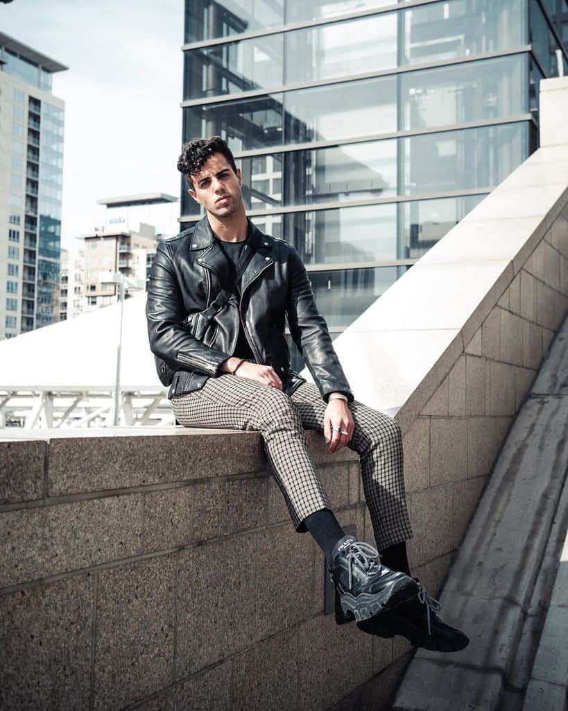 Leather Jacket Checkered Pants Street Wear Style