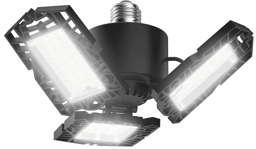 Adjustable LED garage light with three foldable panels and a screw-in base.
