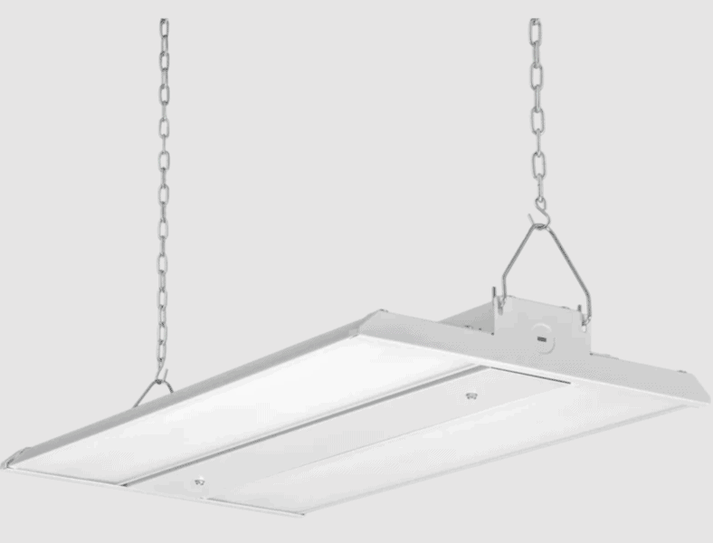 Hanging LED high bay light with chains and a rectangular white frame.