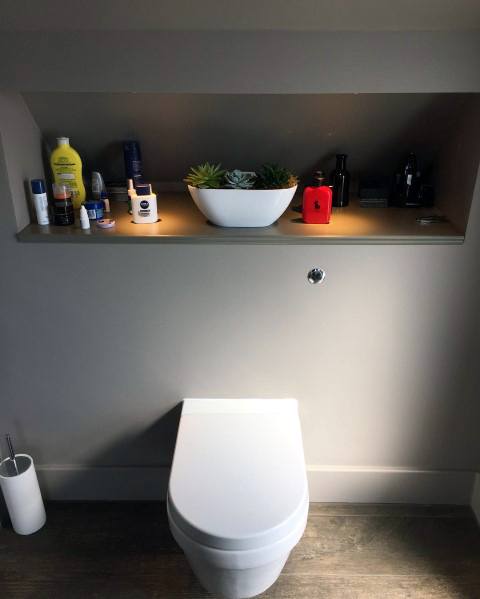 Men's bathroom with recessed shelf, toiletries, a potted plant, and soft LED lighting.