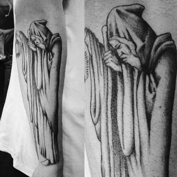 Forearm tattoo of the hooded hermit with a lantern, inspired by Led Zeppelin's 'Stairway to Heaven' artwork.