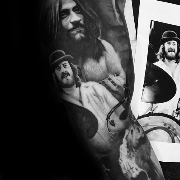 Realistic black and gray tattoo sleeve featuring multiple portraits of John Bonham, the legendary Led Zeppelin drummer, in different iconic poses.