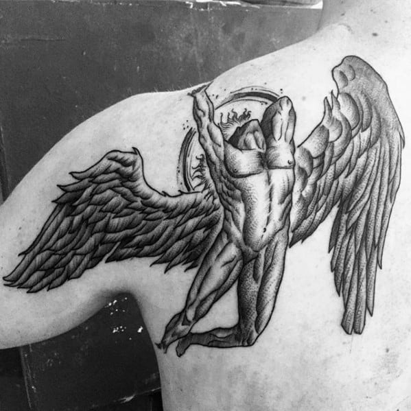Back tattoo of the winged Icarus figure with detailed feathers and sunburst circle, inspired by Led Zeppelin’s Swan Song Records logo.
