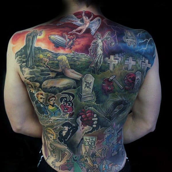 Vibrant full back tattoo with a mix of rock-themed imagery, including Led Zeppelin’s Icarus, a Zeppelin airship, graves, and cartoon icons.