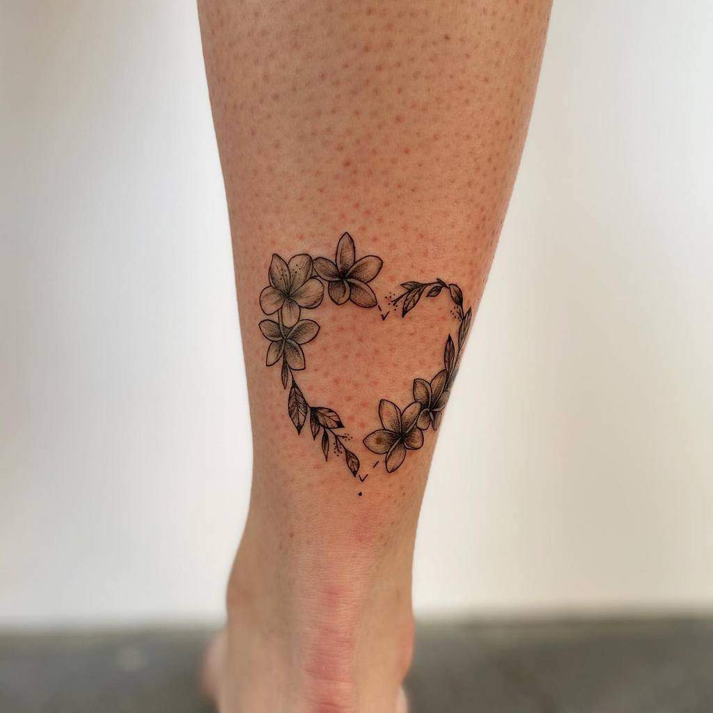 A heart-shaped tattoo of delicate plumeria flowers and leaves adorns a person's leg, elegantly weaving nature's beauty into their skin
