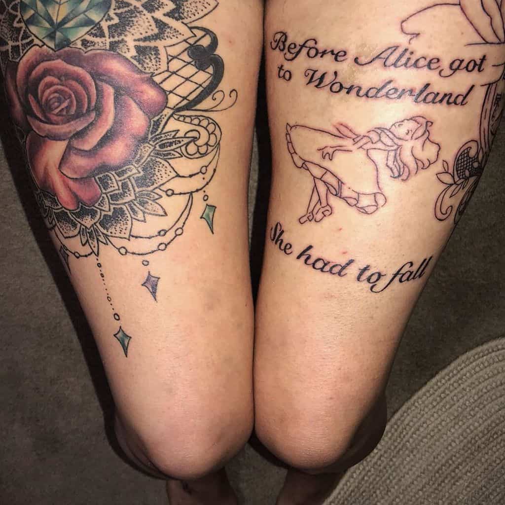 A tattoo set featuring a rose and an Alice in Wonderland quote that reads, "Before Alice got to Wonderland, she had to fall," with an illustration of Alice falling