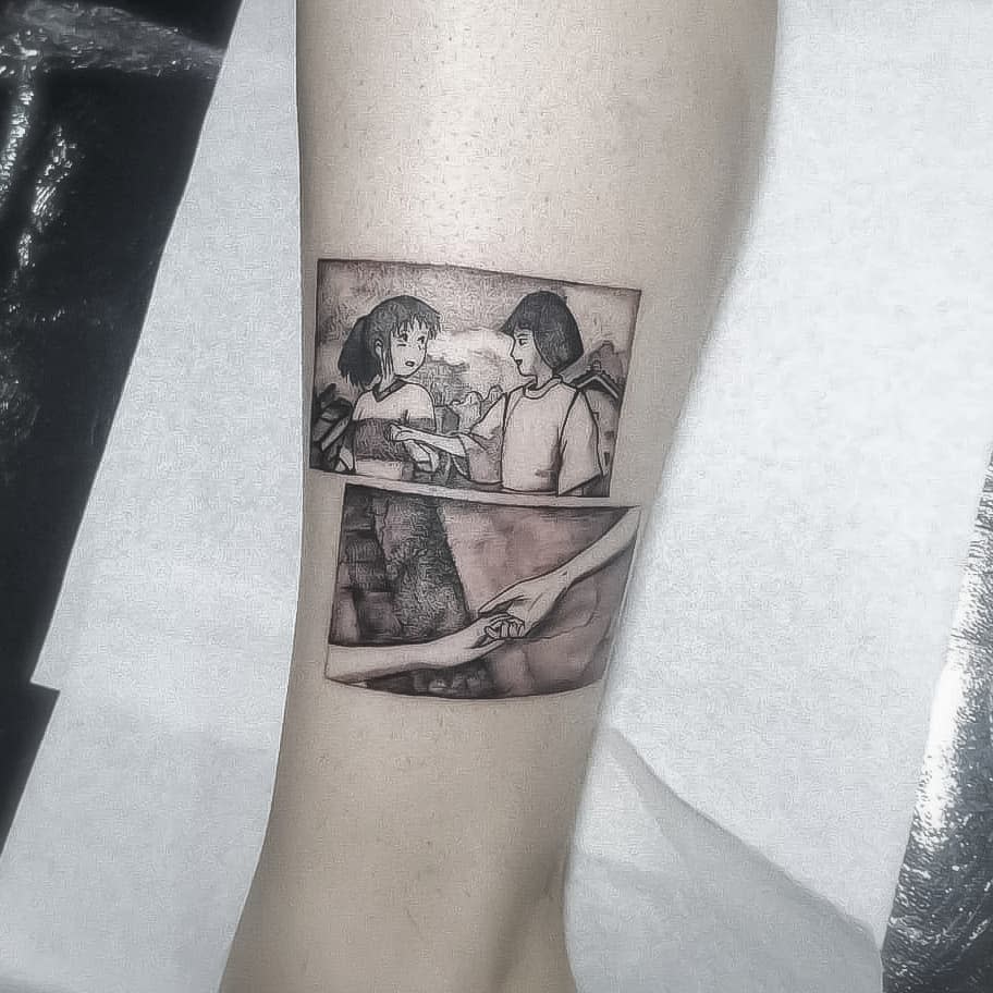Black and grey tattoo of two Spirited Away scenes featuring Chihiro and Haku, one of them holding hands, framed like film stills