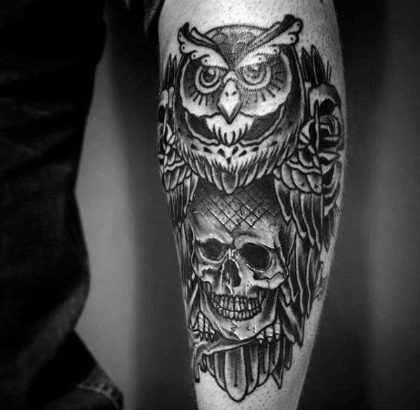 Leg Artistic Male Owl Skull Tattoo Ideas