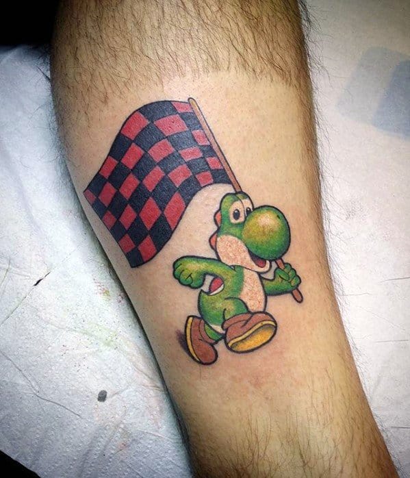 Leg Artistic Male Yoshi With Racing Flag Tattoo Ideas