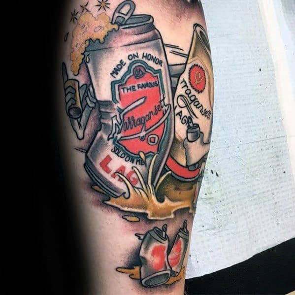 Colorful tattoo of Narragansett beer cans bursting open and spilling, with bold outlines, splashes of foam, and crushed cans below for a lively, dynamic scene.