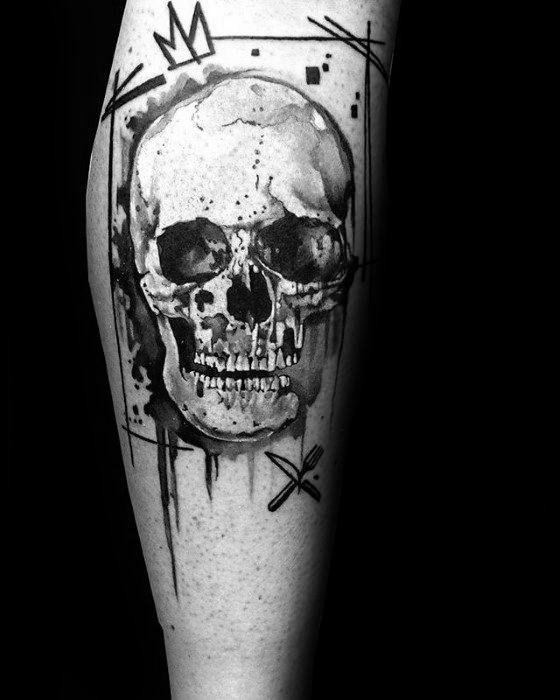 Leg Black Ink Amazing Mens Watercolor Skull Tattoo Designs