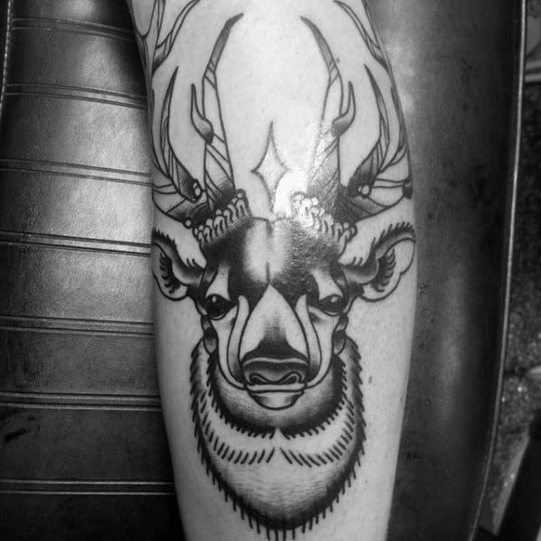 Leg Black Ink Traditional Deer Tattoos For Guys