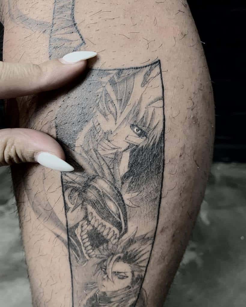 Black and grey manga-style tattoo featuring Ichigo Kurosaki’s Hollow form, fierce expressions, and dynamic shading in a panel layout