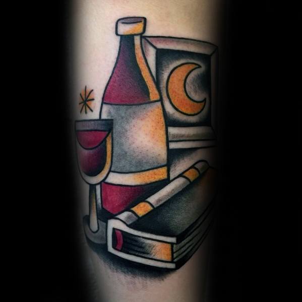 Leg Book With Moon And Wine Tattoo Ideas On Guys