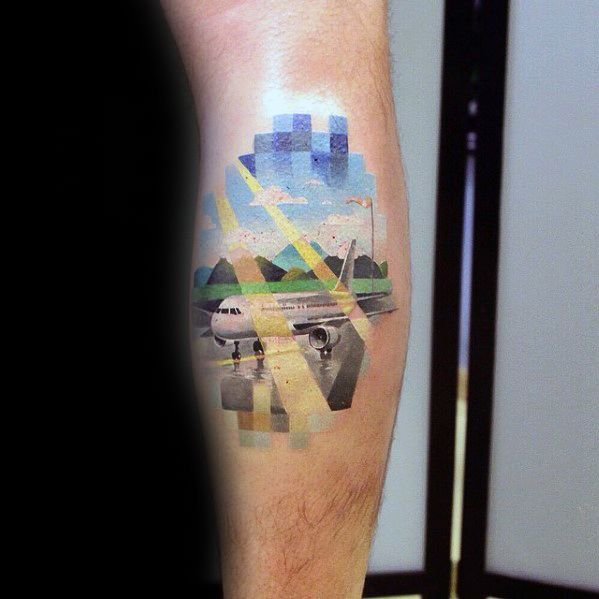Leg Calf Airplane With Clouds And Sun Rays Male Pixel Tattoo