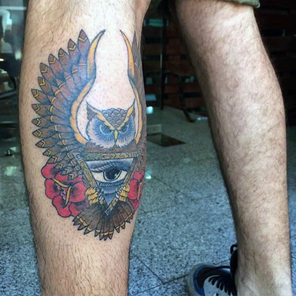 Leg Calf All Seeing Eye Owl Male Traditional Tattoos