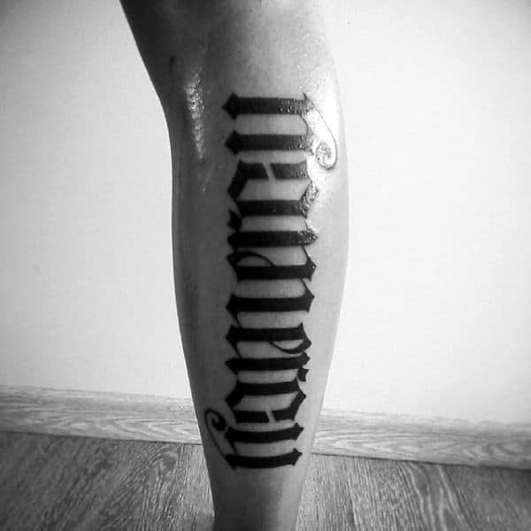 Leg Calf Ambigram Black Ink Guys Tattoos
