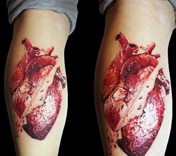 Leg Calf Anatomical Broken Heart Tattoos For Gentlemen
