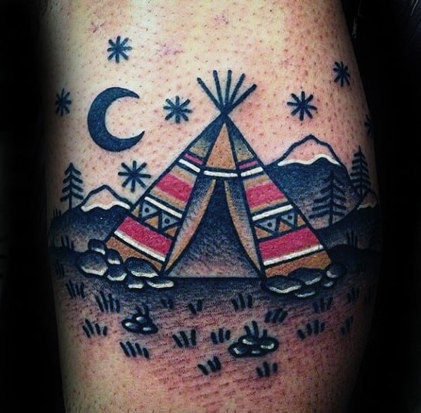 Leg Calf Awesome Traditional Old School Teepee Tattoos For Men