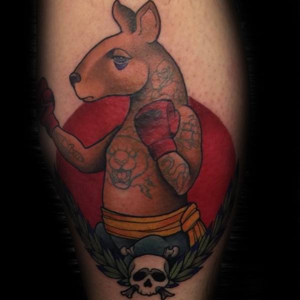 Leg Calf Boxing Male Tattoo With Kangaroo Design