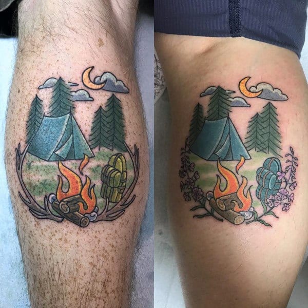 Matching colorful tattoos of a camping scene with tents, campfire, and trees, symbolizing shared adventures, nature, and love for the outdoors.
