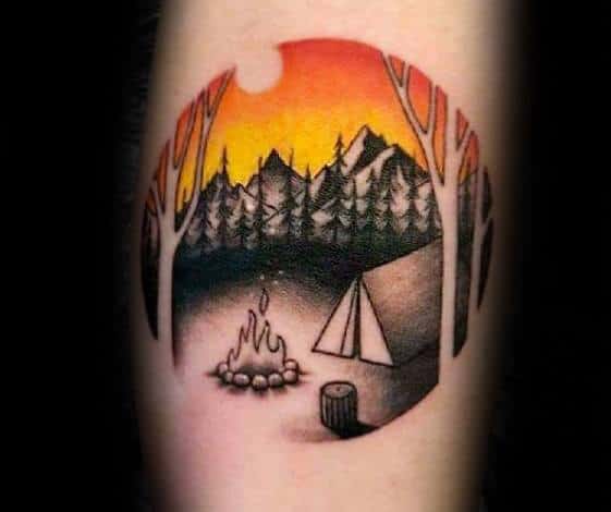 Leg Calf Circle Orange Sunset Tent Male Tattoo Ideas