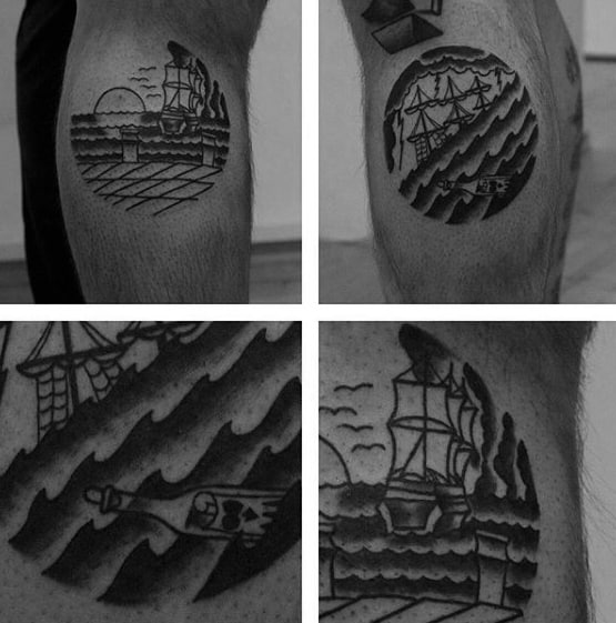 Leg Calf Circle Sinking Ship Tattoo Designs For Guys