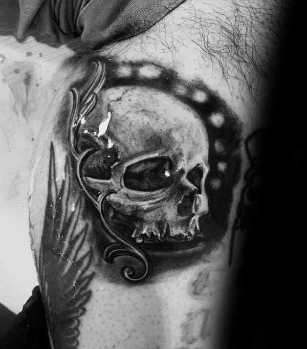 Leg Calf Cool Filigree Tattoo On Male With Skull Design